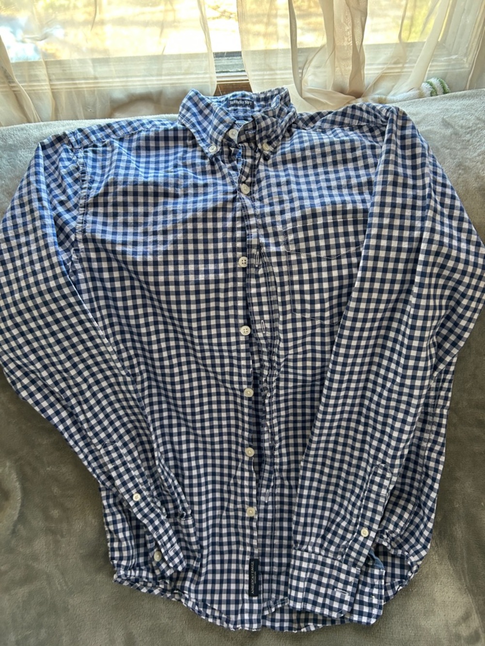 American Eagle Outfitters Navy and White Gingham Button-Down Shirt